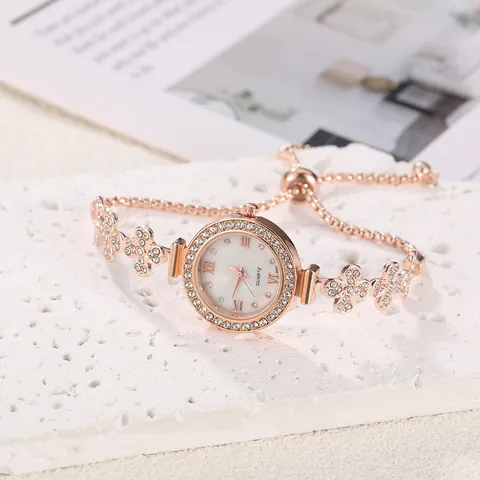 Women Fashion Bracelet Watch Creative Round Rhinestone Inlaid Floral Adjustable Bangle Watch Elegant Alloy Quartz Analog Wristwatch