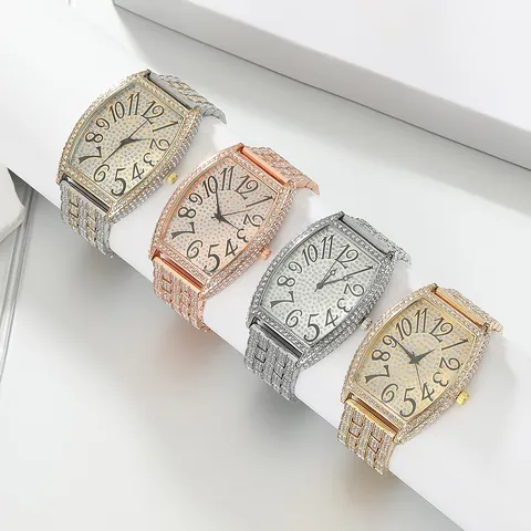 Women Luxury Iced Out Tonneau Quartz Watch Large Dial Full Rhinestone Zinc Alloy Wristwatch Fashion Jewelry Gift For Ladies