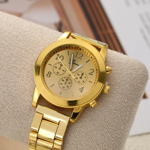 Women Fashion Quartz Watch Round Rhinestone Alloy Metal Link Bracelet Decorative Sub-dials Casual Elegant Wristwatch Lady Gift