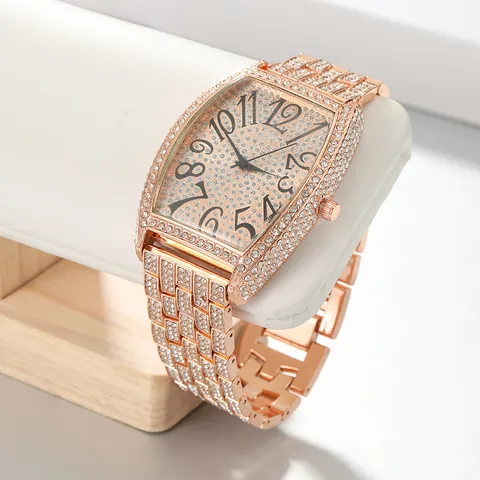 Women Luxury Iced Out Tonneau Quartz Watch Large Dial Full Rhinestone Zinc Alloy Wristwatch Fashion Jewelry Gift For Ladies