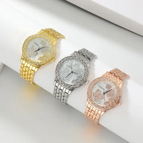 Elegant Butterfly Dial Rhinestone Quartz Watch For Women Alloy Strap Ladies Wristwatch Gold Rose Gold Silver Fashion Jewelry Watch
