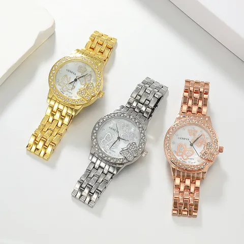 Elegant Butterfly Dial Rhinestone Quartz Watch For Women Alloy Strap Ladies Wristwatch Gold Rose Gold Silver Fashion Jewelry Watch