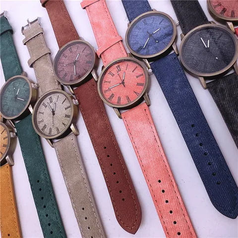 Vintage Brons Quartz Horloge Imitatie Denim Textuur PU Band Romeinse Cijfers Analoog Polshorloge Mode Casual