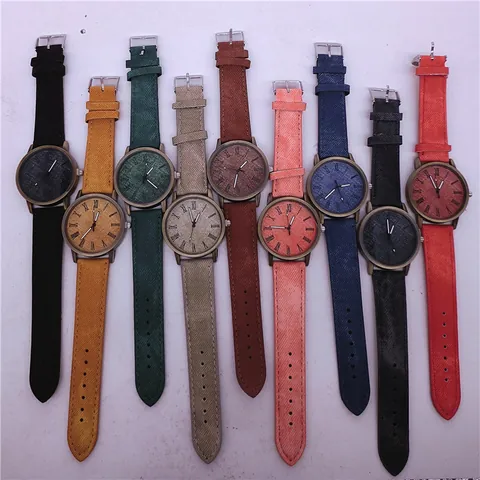 Vintage Brons Quartz Horloge Imitatie Denim Textuur PU Band Romeinse Cijfers Analoog Polshorloge Mode Casual