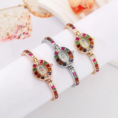 Fashion Women Quartz Watch Colorful Rhinestone Inlaid Alloy Bracelet Wristwatch Elegant Trendy Luxury Jewelry Watch For Ladies