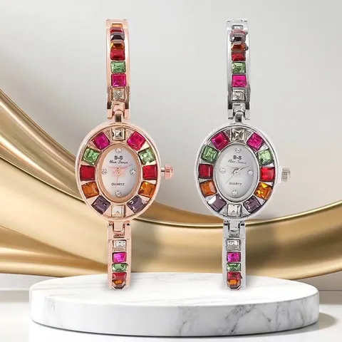 Fashion Women Quartz Watch Colorful Rhinestone Inlaid Alloy Bracelet Wristwatch Elegant Trendy Luxury Jewelry Watch For Ladies