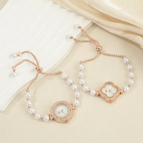 Women Fashion Flower Round Rhinestone Quartz Watch Artificial Pearl Bracelet Adjustable Drawstring Wristwatch Luxury Jewelry Gift