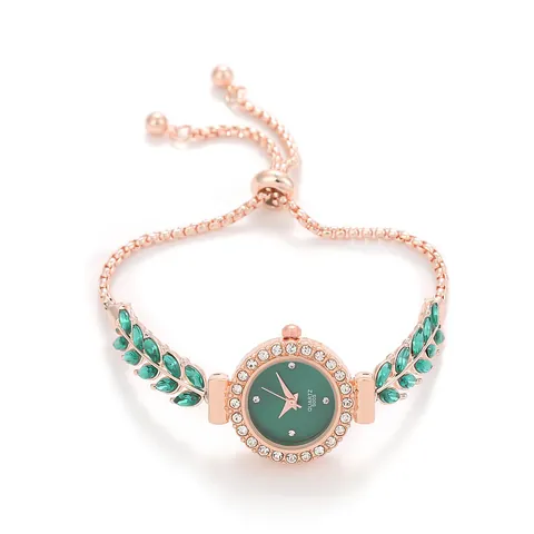 Elegant Women's Quartz Bracelet Watch Rhinestone Inlaid Green Leaf Design Adjustable Alloy Chain Wristwatch Fashion Jewelry