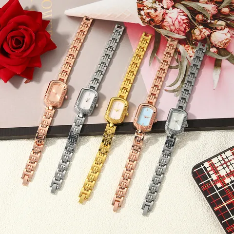 Women Square Quartz Watch Minimalist Rose Gold Alloy Bracelet Luxury Fashion Lady Wristwatch Metal H Link Chain Belt Watch