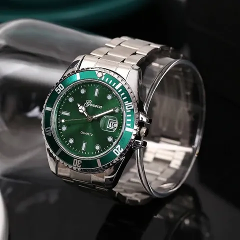 Men's Fashion Stainless Steel Alloy Quartz Watch Luminous Calendar Business Diver Style Wristwatch Glass Mirror