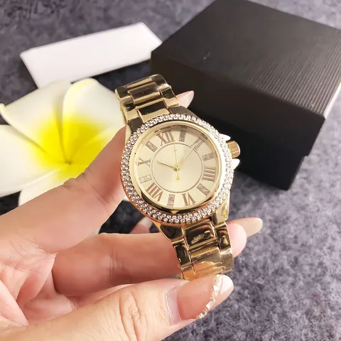 Women's Luxury Quartz Watch Roman Numerals Rhinestone Bezel Fashion Alloy Steel Band Business Ladies Wristwatch