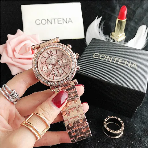Luxury Contena Women Quartz Watch Rhinestone Bezel Starry Sky Dial Alloy Chain Strap Fashion Dress Wristwatch For Women