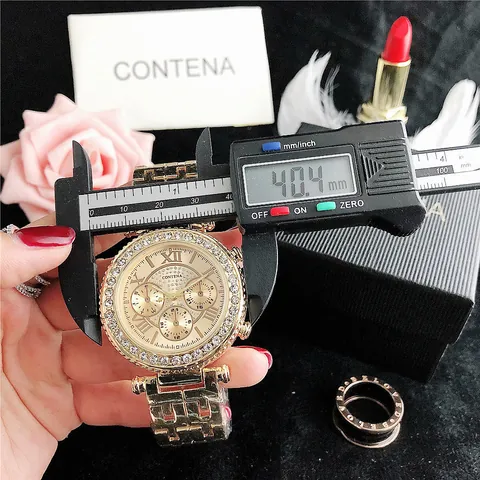Luxury Contena Women Quartz Watch Rhinestone Bezel Starry Sky Dial Alloy Chain Strap Fashion Dress Wristwatch For Women