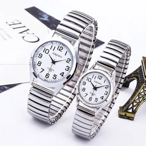 Couple Quartz Watch Set Elastic Expansion Stainless Steel Band Simple Arabic Numerals Casual Minimalist Round Dial Watch Pair