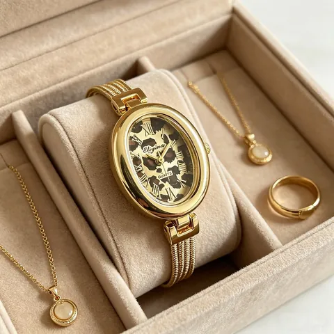 Πολυτελές Γυναικείο Ρολόι Χαλαζία Οβάλ Βραχιόλι Μόδα Casual Λεοπάρ Καντράν Γυναικείο Ρολόι Χειρός Χρυσό Κράμα Αλυσίδα Ρολόι