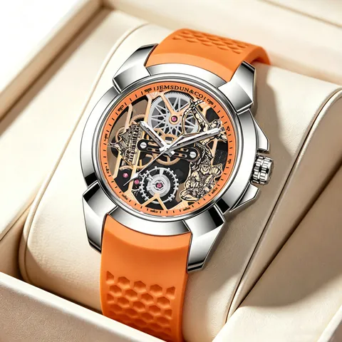Montre de Sport Squelette pour Hommes Grand Cadran Lumineuse Étanche Montre-Bracelet à Quartz Style Mécanique Bracelet en Silicone