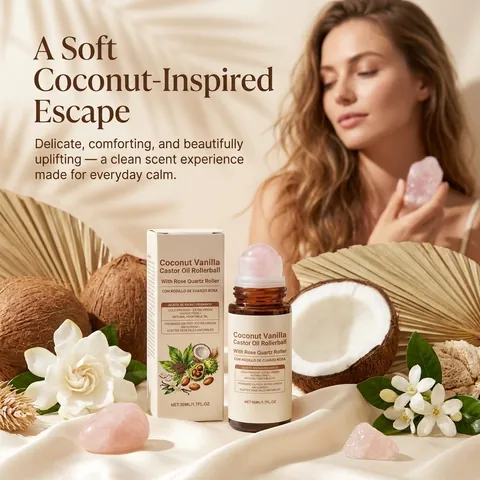 Coconut Vanilla Castor Oil With Rose Quartz Roller 50ml Cold Pressed Skin Moisturizer Nourishing Body Massage Oil