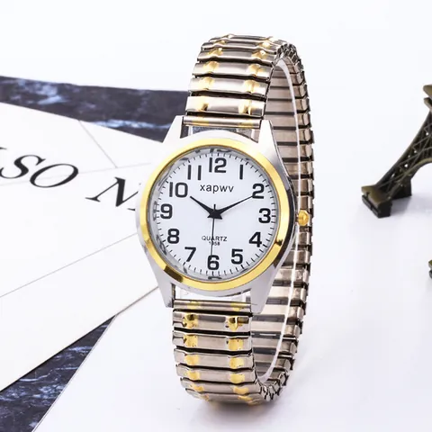 Montre à Quartz Décontractée avec Bracelet Élastique en Acier Inoxydable Cadran à Gros Chiffres Arabes pour Personnes Âgées