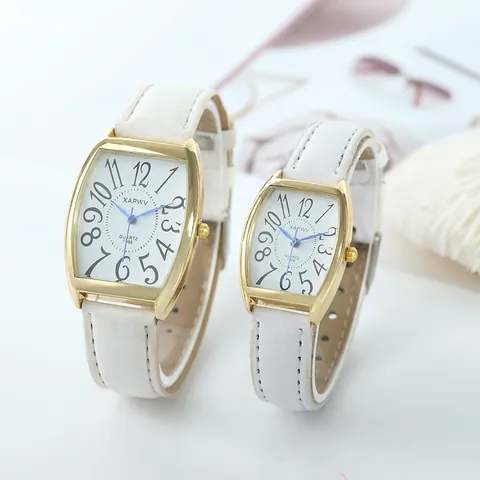XAPWV Fashion Business Couple Quartz Watch Tonneau Alloy Case Faux Leather Strap Analog Wristwatch Large Numerals Gift
