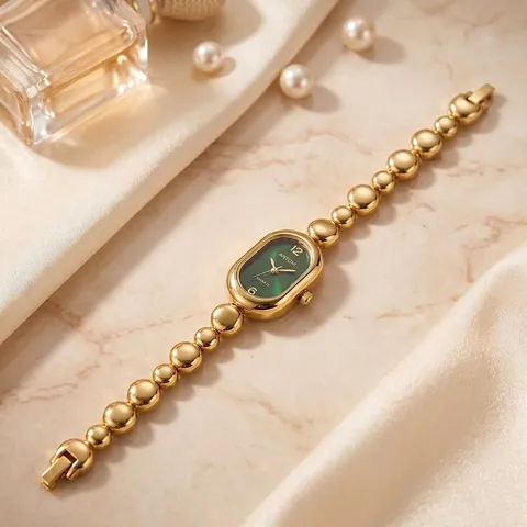 Vintage Gold Bead Chain Oval Watch Women Luxury Fashion Quartz Watch Niche Design Alloy Metal Ladies Jewelry Wristwatch