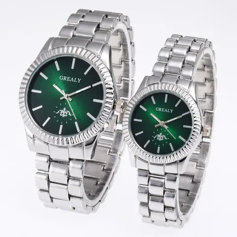 Fashion Couple Quartz Watch Set Luxury Gold Silver Alloy Steel Band Fluted Bezel Sunburst Dial Dress Wristwatch For Men Women Gift