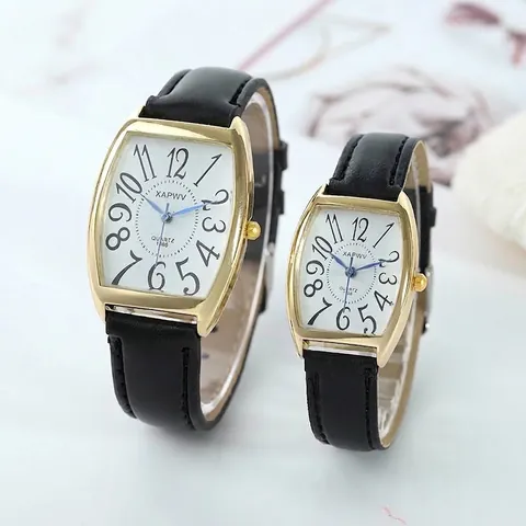 XAPWV Fashion Business Couple Quartz Watch Tonneau Alloy Case Faux Leather Strap Analog Wristwatch Large Numerals Gift