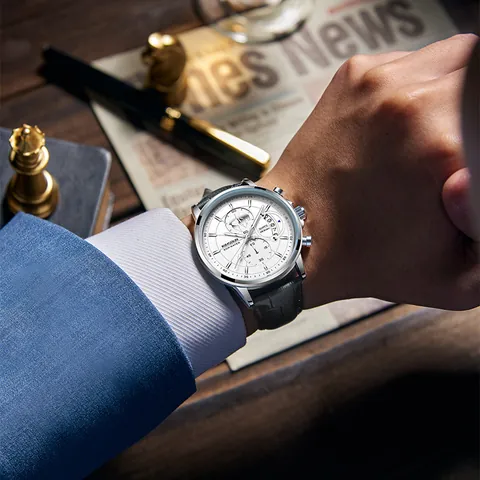 KIMSDUN Men Quartz Watch Multifunctional Luminous Calendar Water Resistant Metal Case Leather Strap Business Fashion Wrist Watch