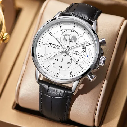 KIMSDUN Men Quartz Watch Multifunctional Luminous Calendar Water Resistant Metal Case Leather Strap Business Fashion Wrist Watch