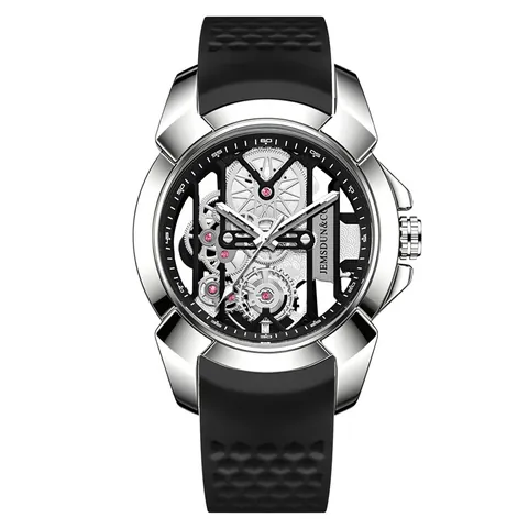 JEMSDUN Montre à Quartz Squelette pour Hommes Grand Cadran Sport Bracelet en Silicone Lumineux 30M Étanche Style Mécanique