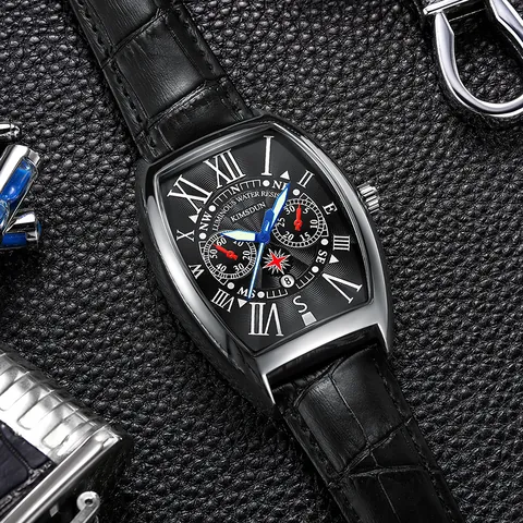 Men's Fashion Quartz Watch Barrel-Shaped Case Leather Strap Roman Numerals Luminous Water Resistant Calendar Business Wristwatch