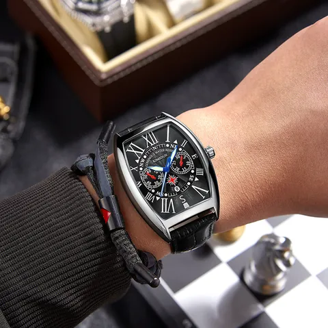 Men's Fashion Quartz Watch Barrel-Shaped Case Leather Strap Roman Numerals Luminous Water Resistant Calendar Business Wristwatch