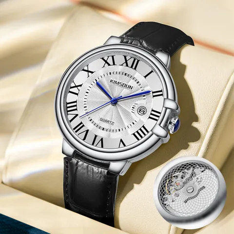 Men Business Quartz Watch Roman Numerals Date Display Water Resistant Leather Strap Transparent Back Sunray Dial Watch
