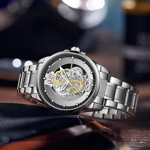Montre à Quartz Squelette pour Homme Étanche Lumineuse Cadran Transparent Montre Bracelet Affaires Luxe Bracelet Acier Cuir
