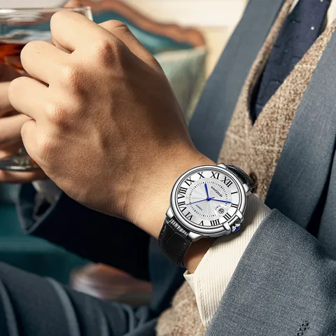 Men Business Quartz Watch Roman Numerals Date Display Water Resistant Leather Strap Transparent Back Sunray Dial Watch