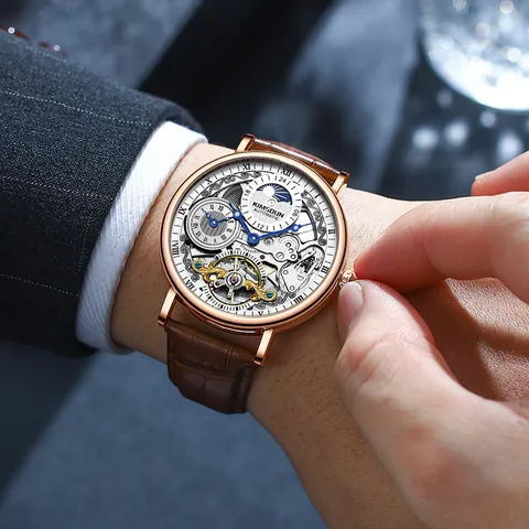 KIMSDUN Luxury Men Automatic Mechanical Watch Skeleton Dial Moon Phase Leather Strap Business Waterproof Wristwatch K-2028A