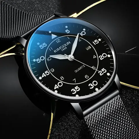 KIMSDUN Montre à Quartz Ultra Mince pour Hommes Affichage du Calendrier Lumineux Montre-Bracelet Étanche en Acier Inoxydable Maille Bracelet en Cuir de Luxe