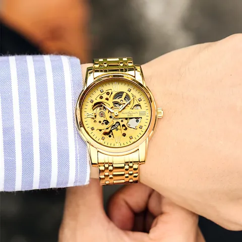 KIMSDUN Men Skeleton Automatic Mechanical Watch Fashion Business Waterproof Luminous Stainless Steel Mesh Wristwatch Luxury Male Clock