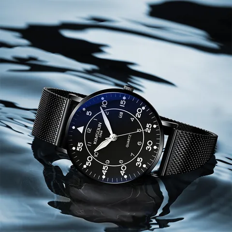 KIMSDUN Montre à Quartz Ultra Mince pour Hommes Affichage du Calendrier Lumineux Montre-Bracelet Étanche en Acier Inoxydable Maille Bracelet en Cuir de Luxe