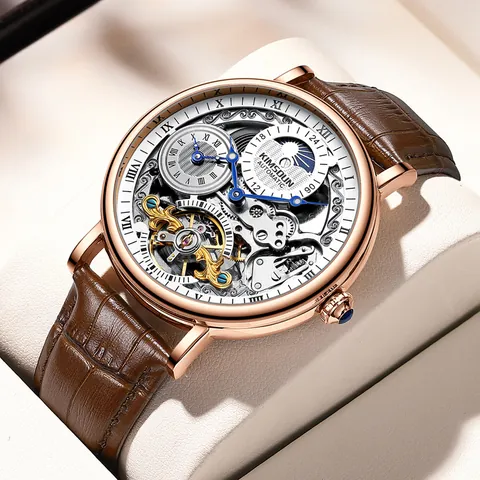 KIMSDUN Luxury Men Automatic Mechanical Watch Skeleton Dial Moon Phase Leather Strap Business Waterproof Wristwatch K-2028A
