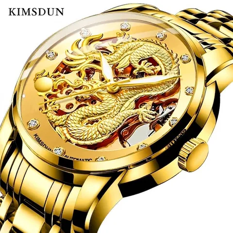 Kimsdun Men Automatic Mechanical Watch Luxury 3D Gold Dragon Relief Hollow Business Luminous Waterproof Stainless Steel Strap Watch