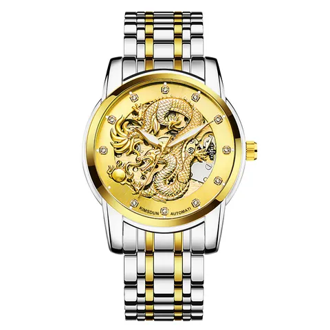 Kimsdun Men Automatic Mechanical Watch Luxury 3D Gold Dragon Relief Hollow Business Luminous Waterproof Stainless Steel Strap Watch