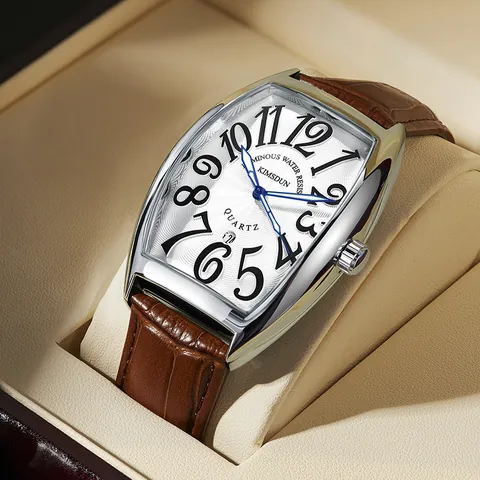 Reloj de Cuarzo Tonneau Retro para Hombre Manecillas Luminosas Calendario Reloj de Pulsera de Negocios con Correa de Cuero Casual