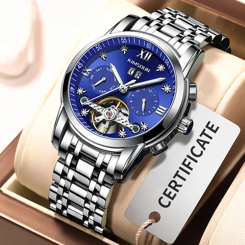 KIMSDUN Men Automatic Mechanical Watch Luxury Tourbillon Hollow Rhinestone Waterproof Stainless Steel Business Luminous Wristwatch