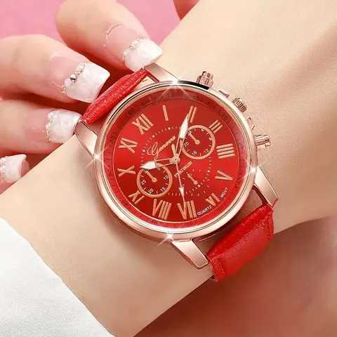 Geneva Fashion Women Quartz Watch Roman Numeral Scale PU Leather Strap Ladies Casual Wristwatch Rose Gold Case Analog Dress Watch