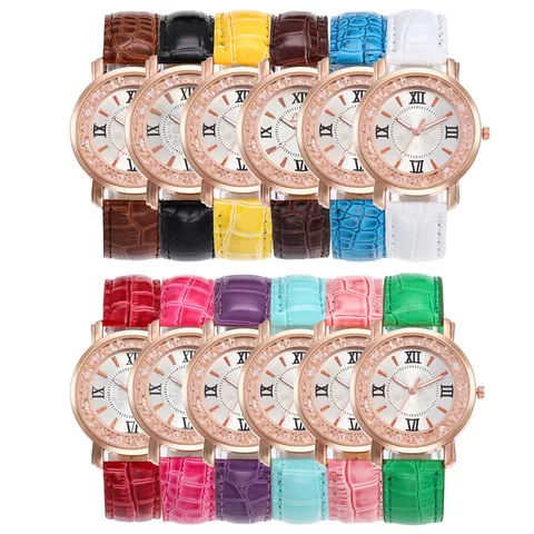 Women Fashion Quartz Watch Rhinestone Bezel Roman Numerals Crocodile Pattern PU Leather Strap Rose Gold Casual Wristwatch Gift