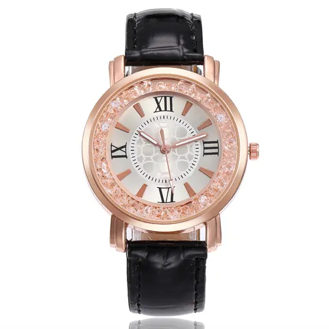 Women Fashion Quartz Watch Rhinestone Bezel Roman Numerals Crocodile Pattern PU Leather Strap Rose Gold Casual Wristwatch Gift