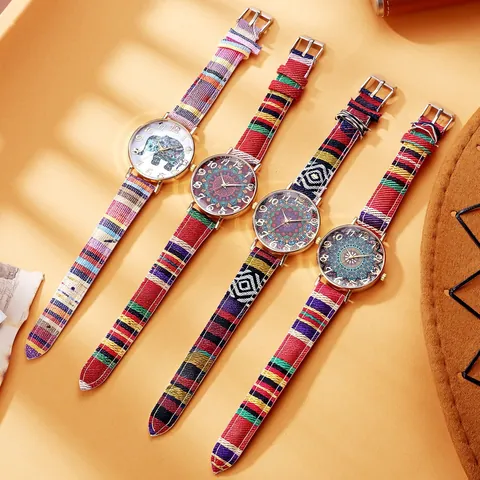 Vintage Bohemian Ethnic Style Women Quartz Watch With Colorful Woven Canvas Strap Mandala Elephant Pattern Fashion Wristwatch
