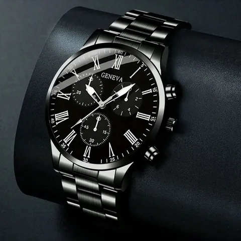Geneva Fashion Men Quartz Watch Business Casual Luminous Wristwatch Alloy Case Mesh Leather Strap Roman Numerals Design