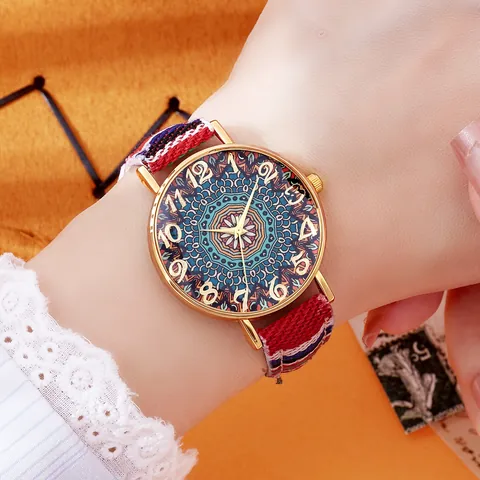 Vintage Bohemian Ethnic Style Women Quartz Watch With Colorful Woven Canvas Strap Mandala Elephant Pattern Fashion Wristwatch