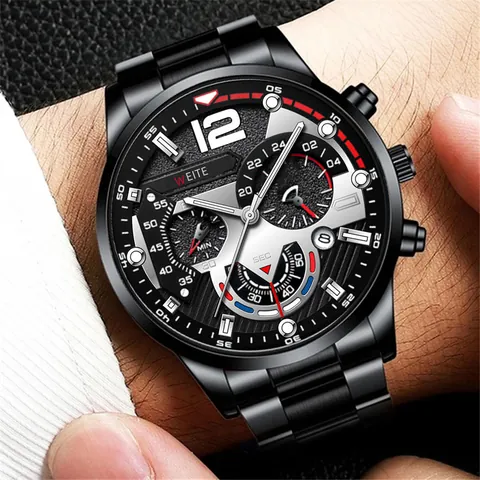 Men Business Sport Quartz Watch Stainless Steel Band Luminous Pointer Big Number 12 Calendar Luminous Analog Wristwatch